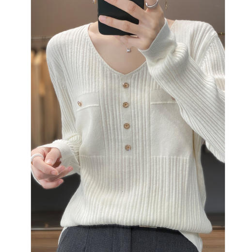 丁摩 羊毛混纺春秋新款V领针织衫女外穿毛衣宽松显瘦上衣内搭打底衫潮5ZF-063 商品图0