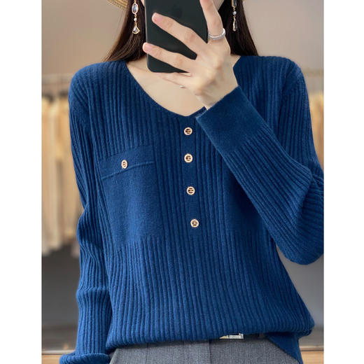 丁摩 羊毛混纺春秋新款V领针织衫女外穿毛衣宽松显瘦上衣内搭打底衫潮5ZF-063 商品图14