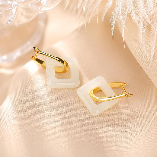 【长亭旧雪】S925银镀金和田玉几何方形耳饰【CW-EJ00291】 商品图1