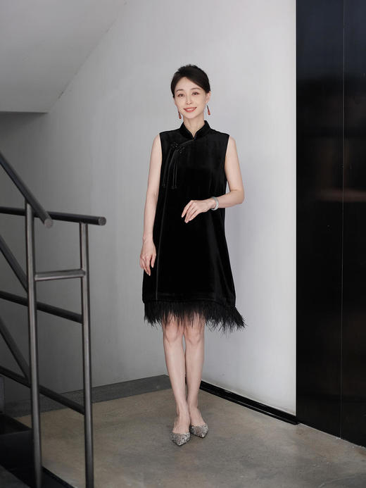 盛唐牡丹 |真丝丝绒花扣斜襟旗袍裙 商品图1