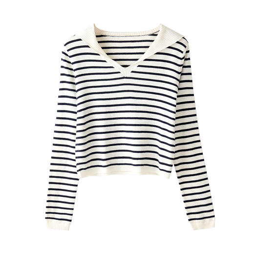 I'd爱帝绵羊毛海军领长袖条纹打底衫 商品图4