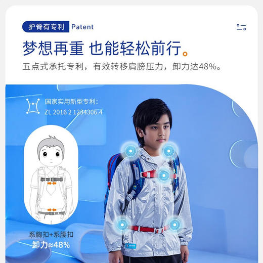 【护童】B座8F | 梦乐（MoonRock）小学生书包奇趣插画新品护脊轻便减负可调节儿童潮流书包 SP200P 蓝色（太空之旅） 商品图4