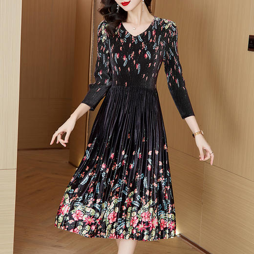 丁摩 复古印花丝绒褶皱连衣裙2383 商品图1