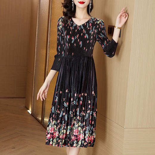 丁摩 复古印花丝绒褶皱连衣裙2383 商品图2