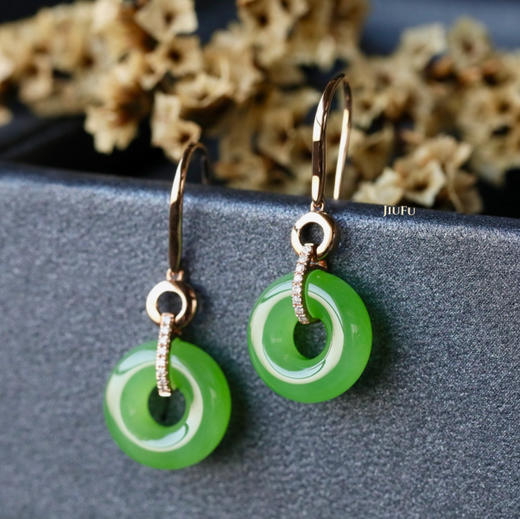 18K玫瑰金和田玉（碧玉）镶钻耳饰--玉环/甜甜圈12*4mm/总长29mm/苹果绿 商品图0