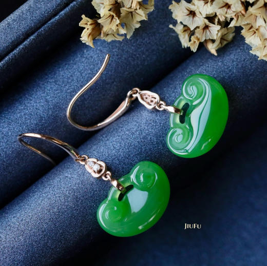 18K玫瑰金和田玉（碧玉）镶钻耳饰--元宝11*15mm/总长29mm/苹果绿 商品图2