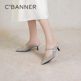 千百度尖头高跟拖鞋夏季后空时装半凉一字拖A24262089