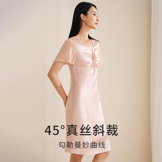 金三塔真丝睡裙女100%桑蚕丝抽褶优雅短袖睡衣时尚可外穿家居服  YSFEA312 商品图3