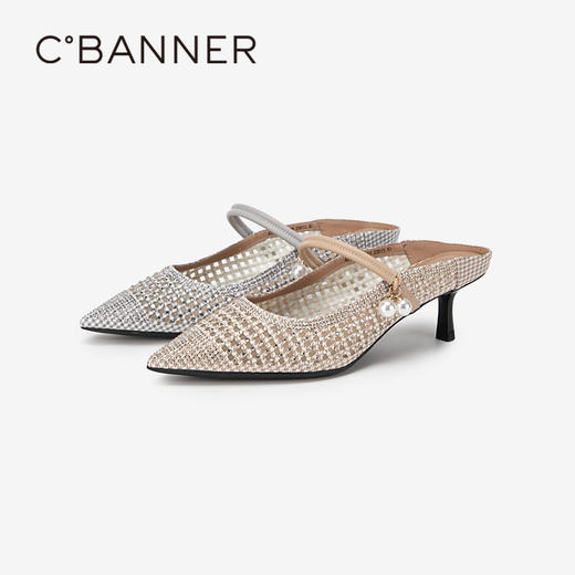 千百度尖头高跟拖鞋夏季后空时装半凉一字拖A24262089 商品图1