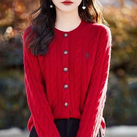 丁摩 经典小马刺绣麻花毛衣开衫纯羊毛衫NS-2021