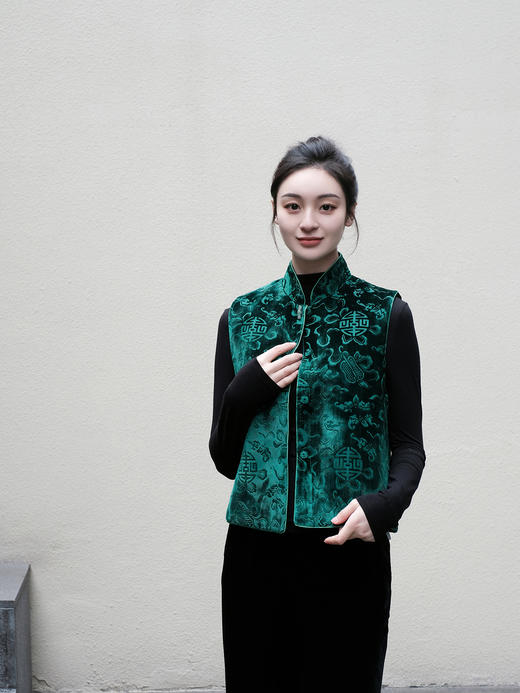 盛唐牡丹 |绿色漳绒八宝葫芦纹马甲 商品图0