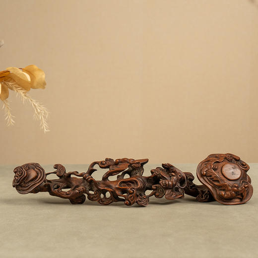 清 黄杨木透雕蝙蝠灵芝如意 商品图0
