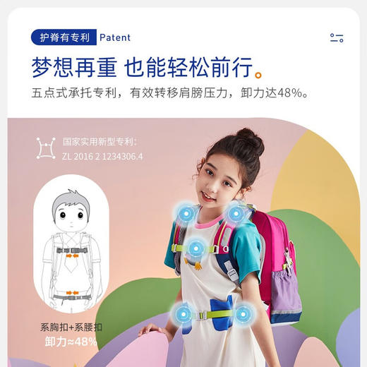 【护童】B座8F | 梦乐（MoonRock）新品奇趣插画小学生男女儿童轻便护脊减负警示双肩书包 SP102P 天蓝(星球小天使) 商品图3