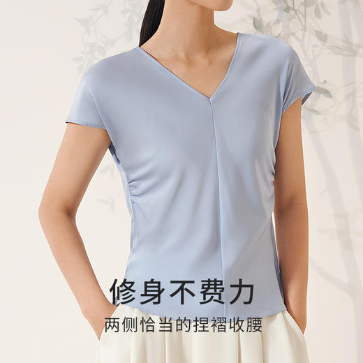 金三塔新中式小衫女桑蚕丝V领抽皱一片式连肩上衣T恤春夏新品  YSFEA702 商品图1