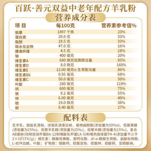 【专利产品】百跃中老年配方羊乳粉善元双益系列羊乳粉400克盒装 商品图6