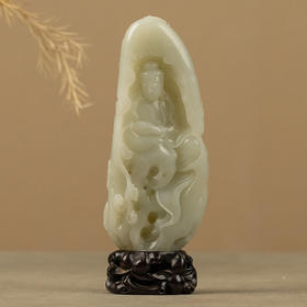 和田玉籽料雕太湖石蕉叶观音山子摆件