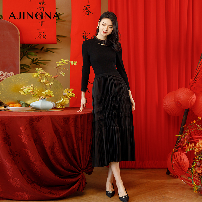 【商场同款】阿菁娜春夏新款针织梭织拼接收腰压褶连衣裙A29C112109