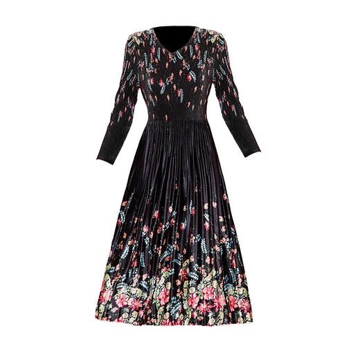 丁摩 复古印花丝绒褶皱连衣裙2383 商品图4