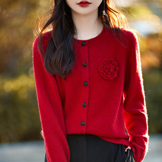 丁摩 100纯羊毛开衫女圆领重工钩花针织衫外套NS-3178 商品图2