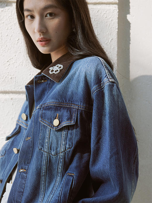 ForPoem 现货 24/SS灯芯绒翻领复古洗水珍珠宽松牛仔夹克外套女春秋 商品图1