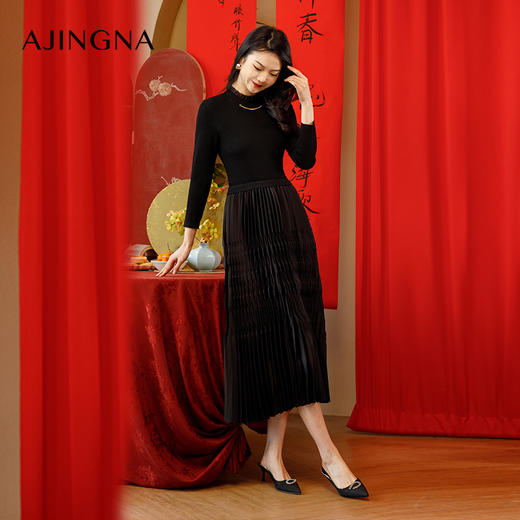 【商场同款】阿菁娜春夏新款针织梭织拼接收腰压褶连衣裙A29C112109 商品图2