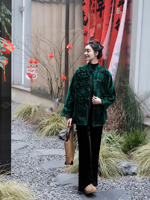 盛唐牡丹 |绿色漳绒八宝葫芦纹外套 商品图7