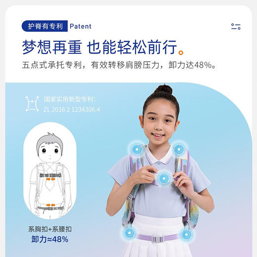 【护童】B座8F | 梦乐（MoonRock）书包小学生男女护脊减负轻便舒适1-3年级儿童书包身高可调节 彩虹粉（梦幻独角兽） 商品图4