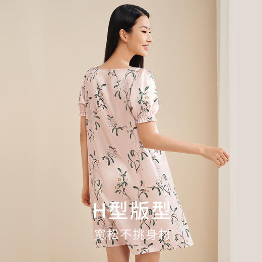 【琼花玉叶】真丝素绉缎睡裙女100%桑蚕丝抽皱方领睡衣家居服金三塔  YSFEA316 商品图3