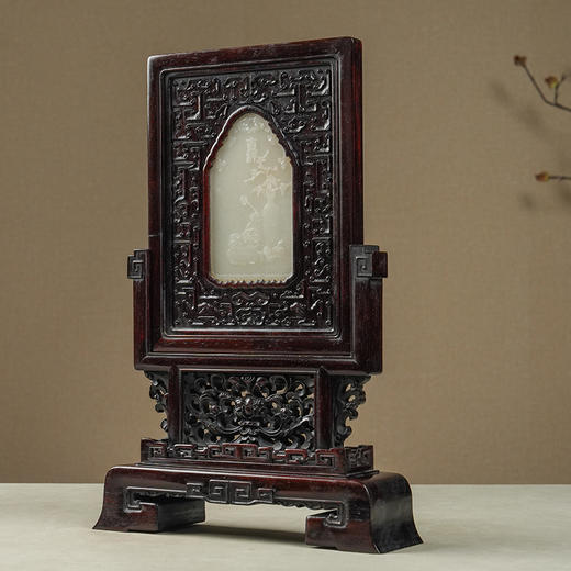 清 红木嵌玉雕清供图吉祥如意插屏 商品图1