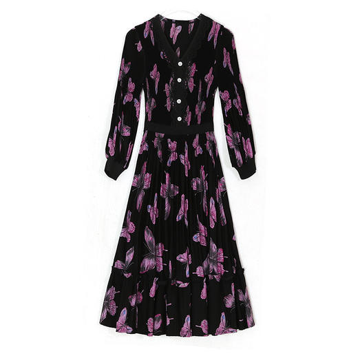 丁摩 法式复古印花连衣裙女神范V领百褶裙9057 商品图4