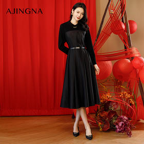 【商场同款】阿菁娜2024春夏新款针织梭织拼接收腰中长款小黑裙连衣裙A30D112016