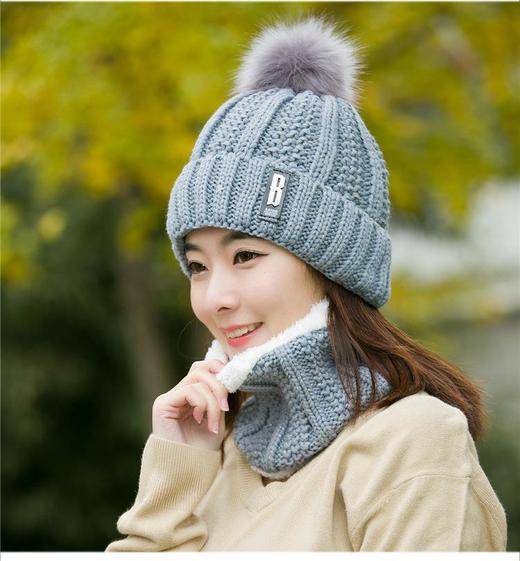 韩版加绒加厚帽子围脖两件套女冬季毛线帽保暖防寒时尚针织帽套装 商品图2