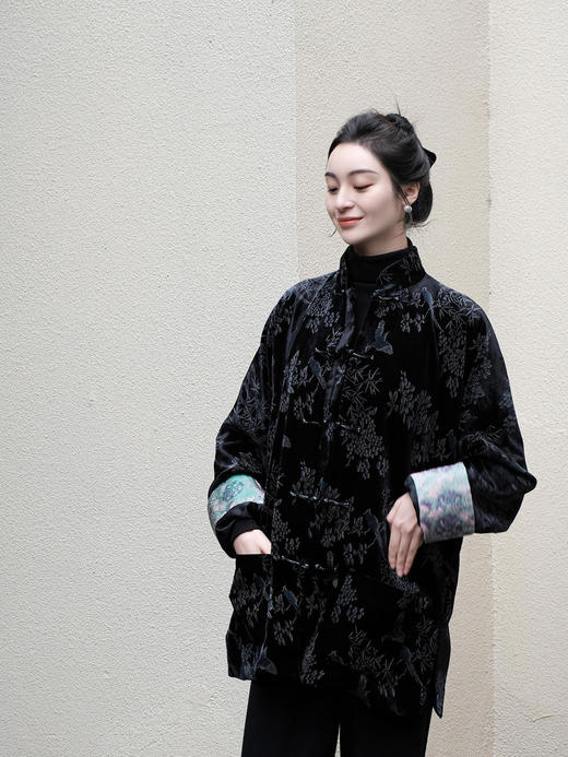 盛唐牡丹 |黑色丝绒小鸟挽袖外套 商品图0