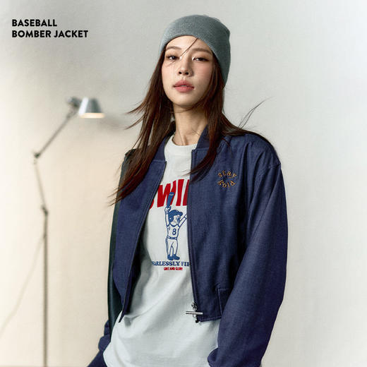 马登女装机车辣妹深色蓝外套高腰棒球夹克飞行员修身短款工装牛仔 商品图0