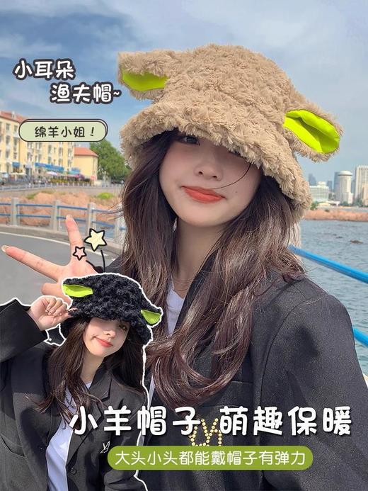 个性小羊帽子秋冬季百搭渔夫帽女日系可爱毛线保暖耳朵毛绒帽盆帽 商品图0