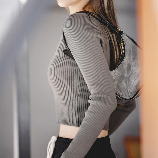 马登美式复古v领坑条针织衫显瘦内搭打底秋冬短款修身女上衣女 商品图5