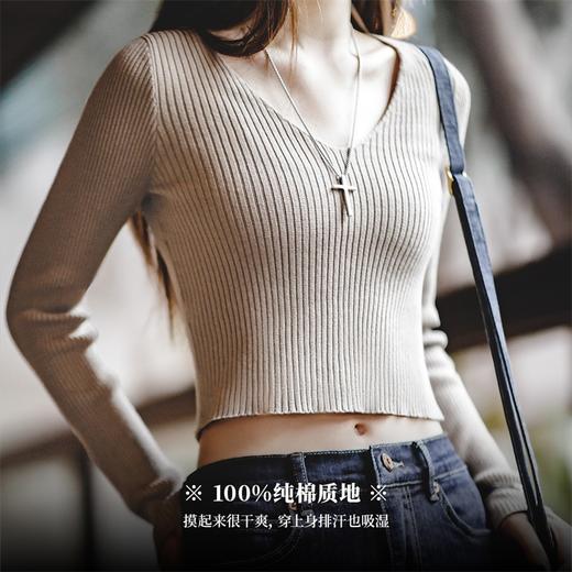 马登美式复古v领坑条针织衫显瘦内搭打底秋冬短款修身女上衣女 商品图3