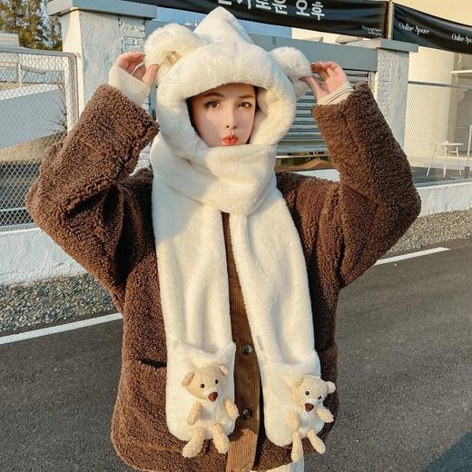 可爱小熊帽子女冬季百搭保暖毛绒帽手套围巾一体三件套保暖套头帽 商品图1