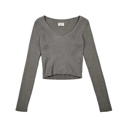 马登美式复古v领坑条针织衫显瘦内搭打底秋冬短款修身女上衣女 商品图10