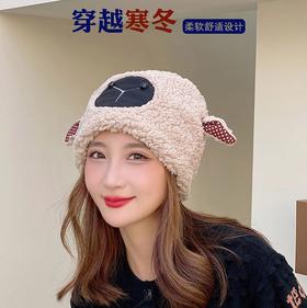 冬季日系卡通甜美可爱耳朵帽子女小绵羊毛绒加厚帽抖音代发套头帽