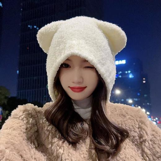 可爱小熊毛绒护耳帽子女秋冬百搭显脸小毛线帽冬季保暖针织套头帽 商品图3