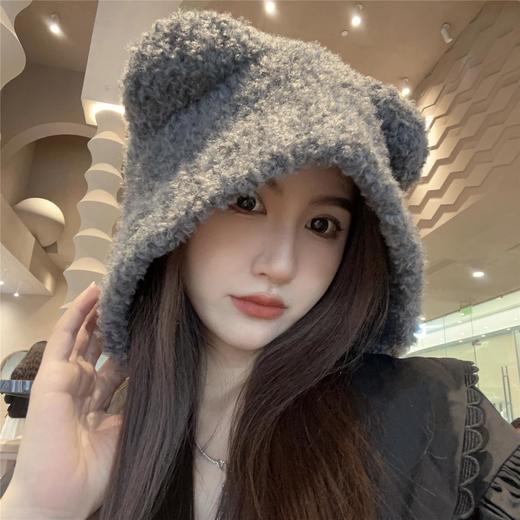 可爱小熊毛绒护耳帽子女秋冬百搭显脸小毛线帽冬季保暖针织套头帽 商品图2