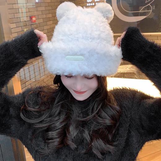 冬季新款可爱小熊毛绒帽女保暖加厚护耳帽大头围针织毛线帽子 商品图2
