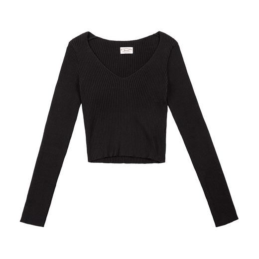 马登美式复古v领坑条针织衫显瘦内搭打底秋冬短款修身女上衣女 商品图6