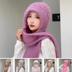 秋冬新款加绒加厚双层连体围巾帽松鼠绒护耳护颈显脸小女帽潮