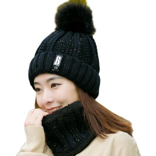 韩版加绒加厚帽子围脖两件套女冬季毛线帽保暖防寒时尚针织帽套装 商品图4