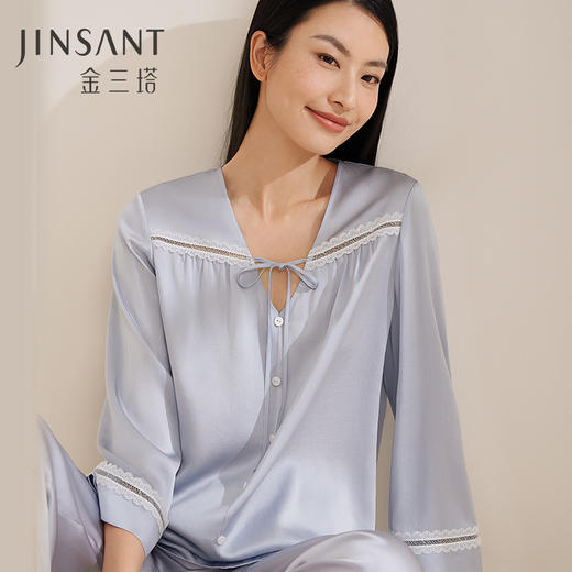 金三塔真丝睡衣女100%桑蚕丝蕾丝拼接宽松舒适长袖家居服衣裤套  YSFEA208 商品图0