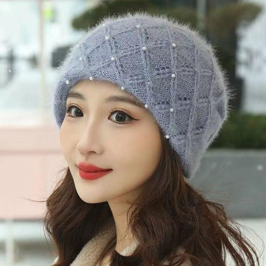 冬季新款女松鼠绒保暖珍珠针织毛线帽中老年护耳毛线帽老太妈妈帽 商品图2