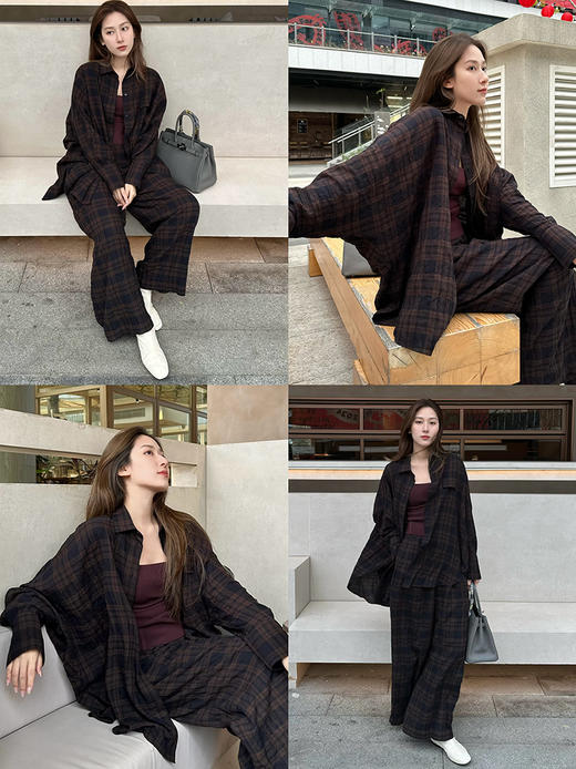 HIDEMI 格纹水洗微褶做旧感小圆领大廓形慵懒衬衫套装 衬衫/阔腿裤 商品图1