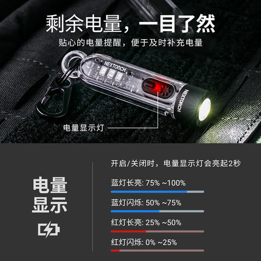 【700流明高亮一键爆闪 防摔防水】纳丽德K40钥匙灯红蓝白三光源充电迷你小手电筒 商品图4